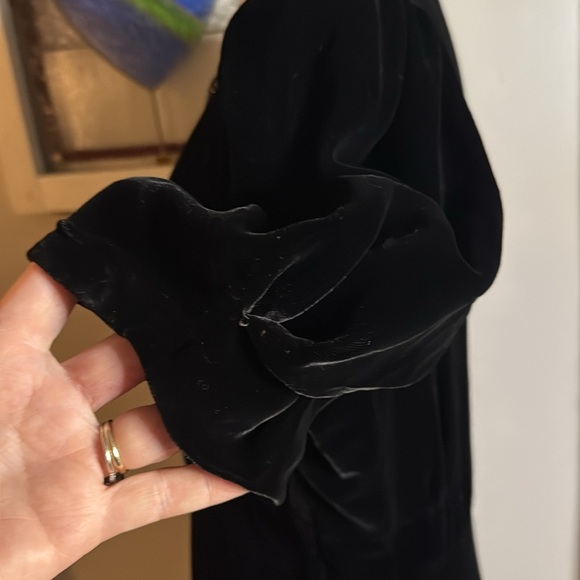 Antique 1930’s Black Silk Velvet Puff Sleeve Rhinestone Embellished Gown Flawed - Picture 6 of 12